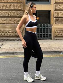 hollyjadebate Women's Casual Sports Contrast Color Halter Neck Tank Top & Pants Set - Black - View 6