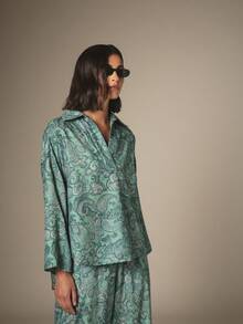 KSTM Paisley Print Long Sleeve Shirt And Wide Leg Palazzo Pants Co-Ord Set Summer Vacation Two Piece Outfit - Green - View 3