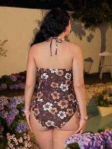 Swim Mod 2026 Nuevo Traje de Baño Tankini Casual Elegante con Cordón y Estampado Aleatorio para Mujer Talla Grande, Verano - Café integral 2 - Ver 2