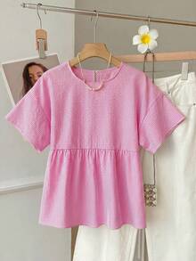 SHEIN EZwear 大尺碼女款圓領條紋百褶休閒百搭日常出遊襯衫 - 粉色 - 查看 11