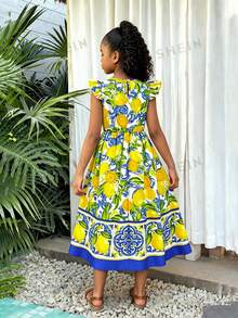 SHEIN Tween Girl Lemon Print Round Neck Casual Vacation Cap Sleeve Dress - Multicolor - View 2