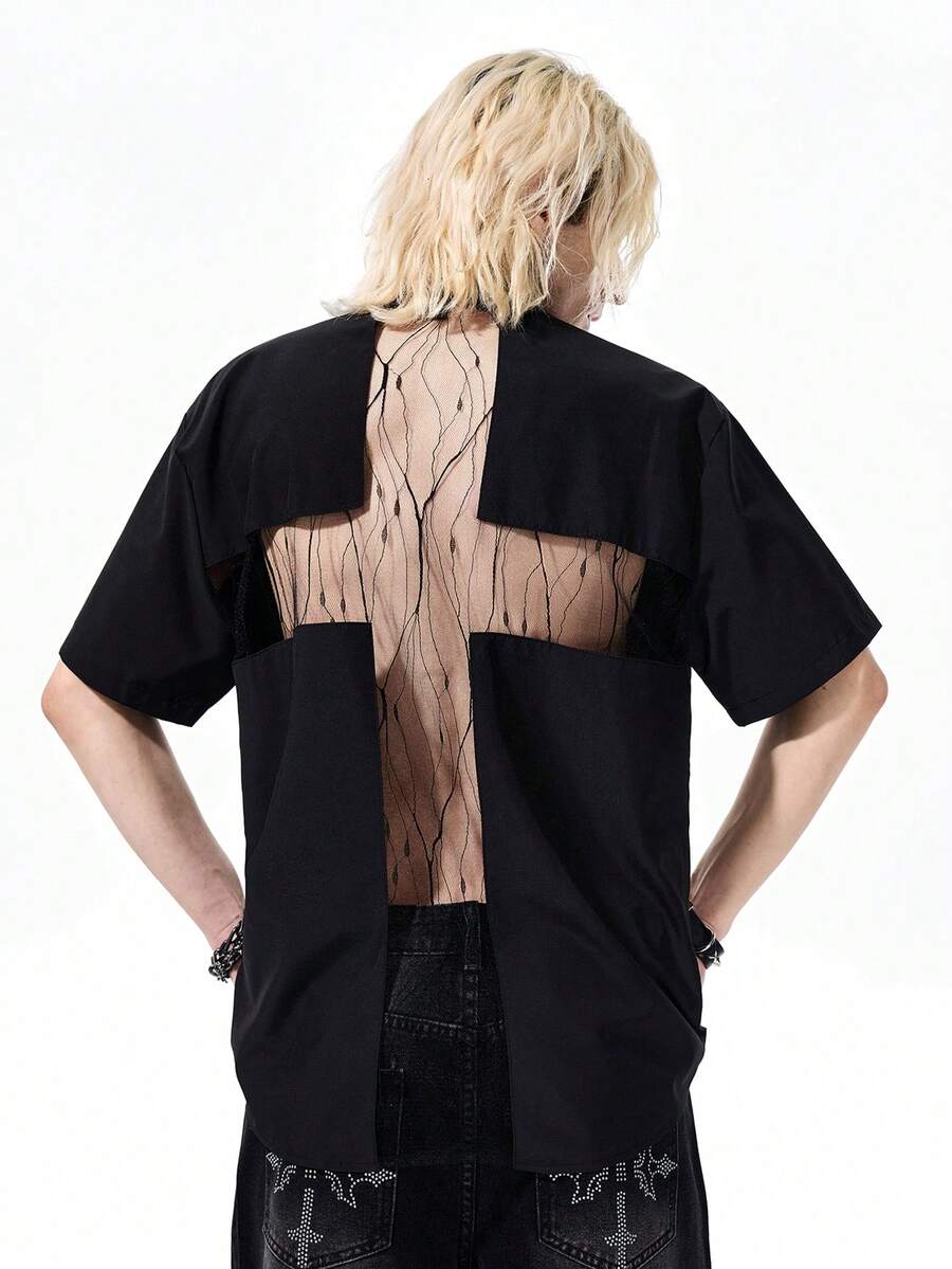 ROMWE MEN Camisa de manga corta con patchwork de cruz para hombres - Negro - Ver 1