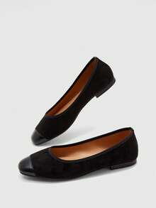 CUCCOO BIZCHIC Zapatos de mujer primavera y otoño con empalme, punta cuadrada y suela plana, zapatos de ante sencillos para ir al trabajo y compras - Negro -1 - Ver 6