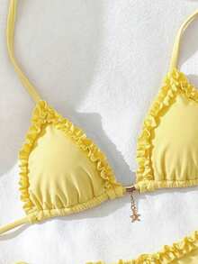 Elavelle Spring/Summer Women's Solid Color Halter Neck Ruffle Bikini Set - Yellow - View 5