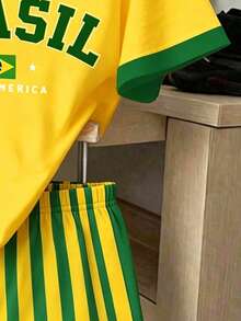 1套青少年女孩休閒舒適時尚運動風巴西 BRASIL 字母印花短袖T恤與條紋短褲套裝，適合夏季運動、世界盃、度假穿搭 - 彩色 - 查看 5
