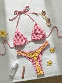 Swim Mod Ensemble de bikini triangle sans armature à imprimé numérique et string, ensemble de bikini de plage pour femmes pour le printemps/été - Jaune citron - Voir 2