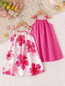 SHEIN Playful Pals 少女 2件/組 波希米亞休閒多彩扶桑花印花蝴蝶結肩帶 A字版型柔軟洋裝，充滿夏日活力與青春氣息，適合外出與夏季度假 - 彩色 - 查看 2