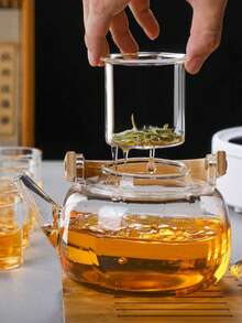 1个带把手和加热底座的玻璃茶壶套装，加厚耐热红茶壶，家用，健康热水壶 - 透明 - 查看 2