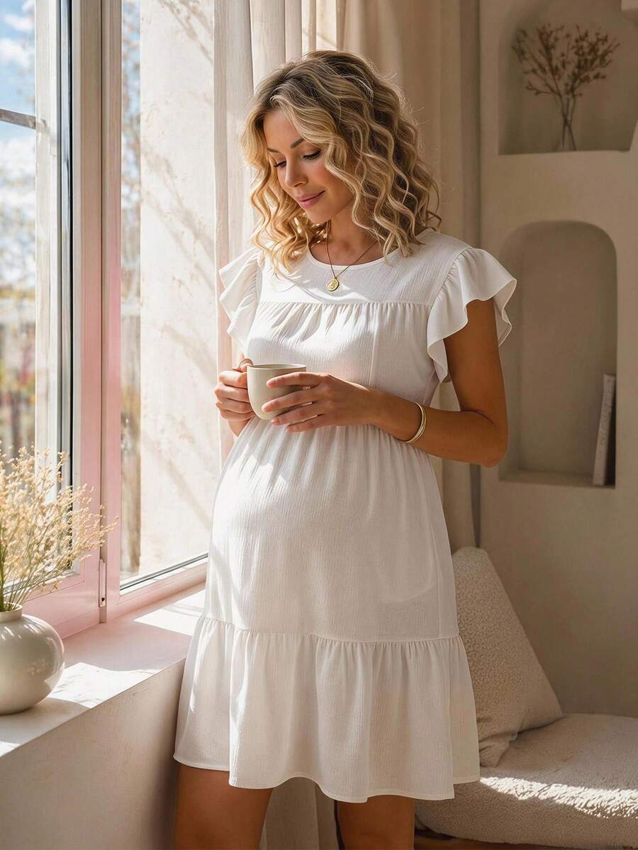 GentleRue Maternity-D 女款純色荷葉領哺乳洋裝，適合孕婦，夏季 - 白色 - 查看 1