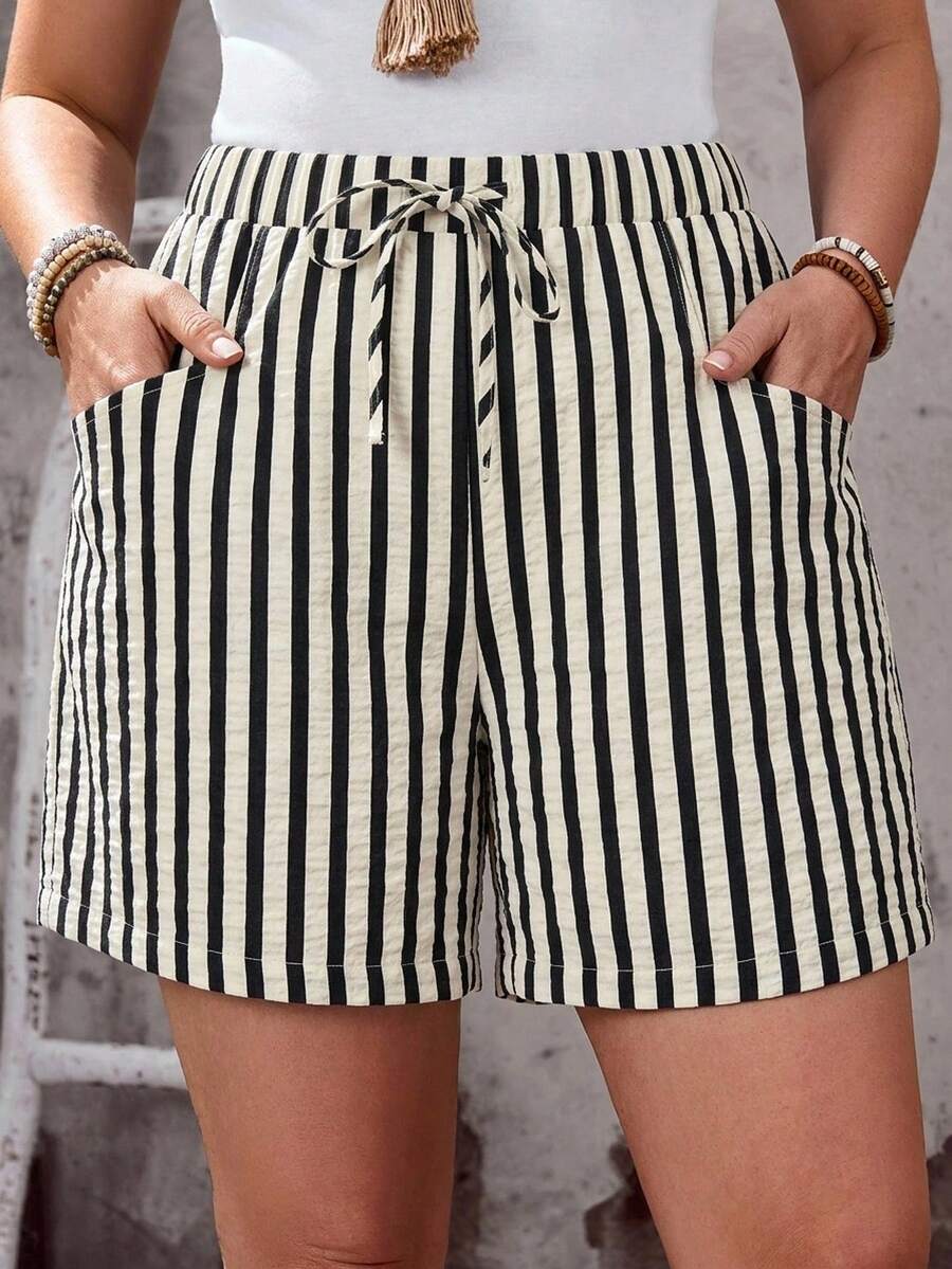 EMERY ROSE Women's Plus Size High Waist Beige Shorts Beach Vacation Vacation Summer Casual Boho - Black and White - View 1