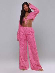 MUSERA Tie Front Broiderie Anglaise Wide Leg Trousers Cover Up Beach Vacation Swim Summer Holiday Festival Cute Casual Elegant Pink Floral Birthday Party - Hot Pink - View 5