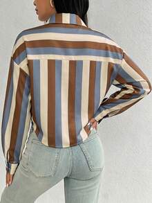 SHEIN Women's Striped Button-Front Long Sleeve Shirt With Pockets - Multicolor - View 2