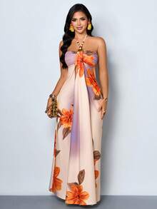 SOLERSUN Women's Casual & Sexy Sleeveless Halter-Neck Backless Maxi Dress - Featuring Beaded Accents, Ombre Gradient, And Large Floral Print. A Stylish Summer-Vibe Dress, Perfect For Vacations, Mother's Day, Beach Parties, And Elegant Resort Wear. - Apricot - View 8