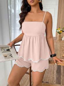 Weeklong Conjunto de 2 piezas de verano para mujer talla grande, con ribete de encaje ondulado y patchwork, ajuste holgado y favorecedor, estilo maduro y suave, conjunto de top camisola y shorts para uso casual, ir al trabajo y estar en casa - Rosa Pálido - Ver 3