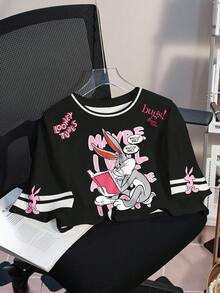 LOONEY TUNES X SHEIN 女士休闲卡通印花短款T恤，夏季 - 白色 - 查看 3
