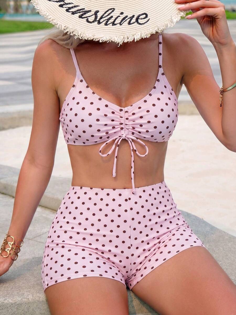 Swim Vcay Vacation Beach Two-Piece Swimsuit Polka Dot Print Random - Pink - View 1