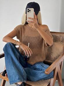 SHEIN EZwear 女士纯色简约休闲不对称肩部透视毛衣 - 咖啡棕 - 查看 6