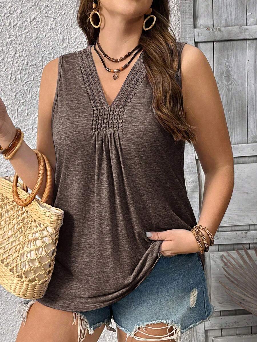 EMERY ROSE Plus Size Women's Solid Color Casual V-Neck Water-Soluble Lace Patchwork Sleeveless Knit Tank Top - Brown - View 1