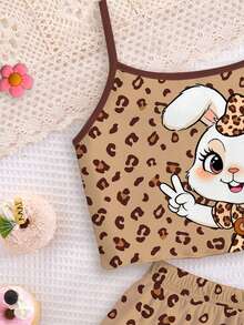 Young Girls Casual Simple Cute Cartoon Leopard Print Rabbit Graphic, Maillard Color Palette, Camisole Top And Shorts Loungewear 7th Birthday - Multicolor - View 5