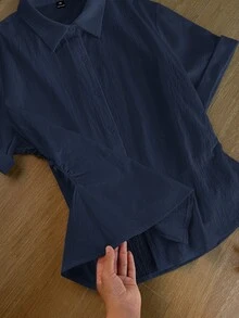 Comfortcana 大尺碼女款捲袖口短袖鈕扣門襟素色襯衫 - 藏蓝色 - 查看 7