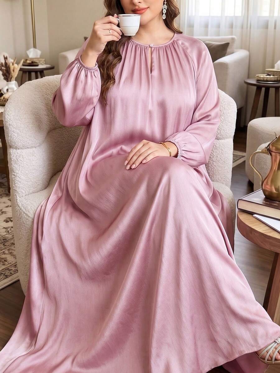 Al Najma Abito casual ampio da donna con maniche a spalla scoperta, di colore unito, adatto per la primavera/estate, taglie comode, stile arabo - Viola malva - Visualizzare 1