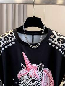 GlowEve 女款圓領短袖動物印花花卉裝飾T恤 日常外出夜店黑白豹紋夏季街頭風 - 黑色 - 查看 3