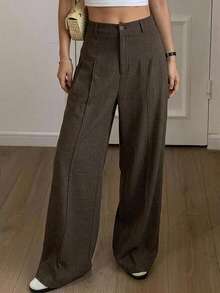 DAZY Women's Solid Color Button Zipper Casual Versatile Wide Leg Pants - Coffee Brown - View 12