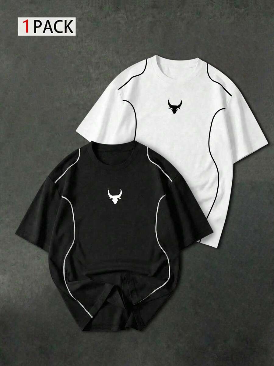 Sport MetroGents 男士圓領牛頭印花休閒百搭日常旅行運動健身T恤 - 黑色 - 查看 1