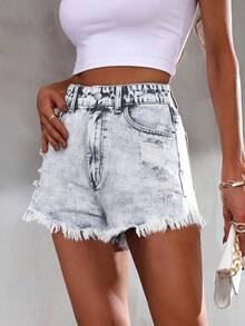 Breezaya Plus Size Women's Light Blue Washed Denim Frayed Hem Shorts Summer Vacation Date Night - Light Wash - View 4