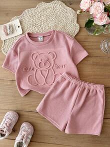 SHEIN Setelan 2 Potong untuk Bayi Perempuan, Motif Kartun 3D Kasual Lucu Warna Pink, Atasan Lengan Pendek Timbul dan Celana Pendek Pinggang Elastis - Dusty Pink - View 6