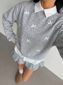 SHEIN 青少年女孩襯衫領拼接拼接裝飾蝴蝶結套頭長袖鬆緊衛衣 秋冬款 - 灰色 - 查看 9