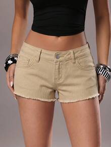 TRNVIE Modische lässige Hot Girl Style Denim Shorts mit ausgefranstem Saum und niedriger Taille - Khaki - Übersicht 6