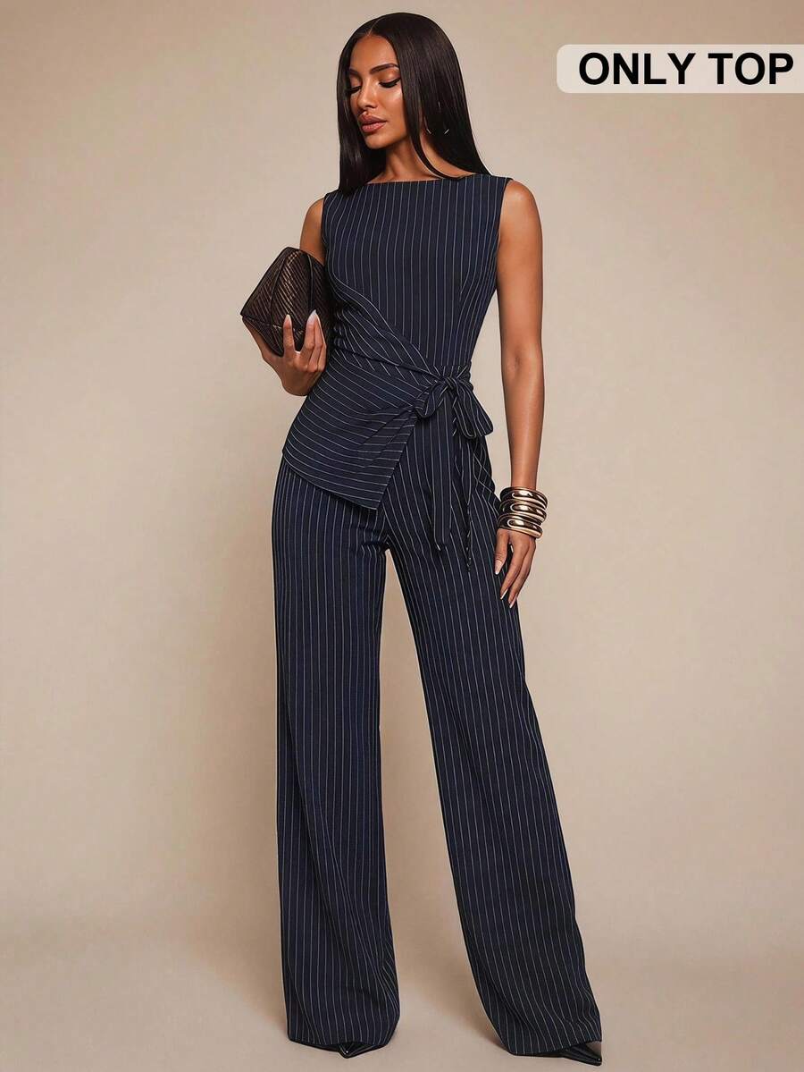 Radiana Women's Asymmetric Tie-Up Sleeveless Blouse,Navy Blue And White Striped,Summer Casual Elegant Business Commuter Vintage Style Office Clothing - Navy Blue - View 1
