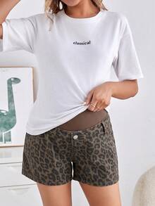 SHEIN Maternity Leopard Print Patchwork Denim Shorts Summer Festival Graduation Going Out Elegant Casual Formal Leopard - Brown - View 3