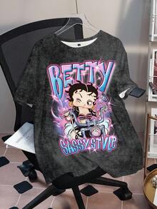 Betty Boop x SHEIN Plus Size Women's Round Neck Letter Cartoon Print Casual Versatile Daily Outing Short Sleeve T-Shirt - White - View 3