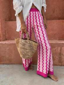 Flora Isola Flora Isola Vacation Bohemian Pink Wavy Striped Women's Long Pants - Hot Pink - View 1