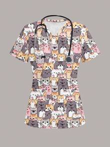 PopScrub Women's Scrub Uniform Top With Cute Cat Print Pattern, Suitable For Children, Pet Hospitals, Work Commute Scrub Uniform - Multicolor - View 6