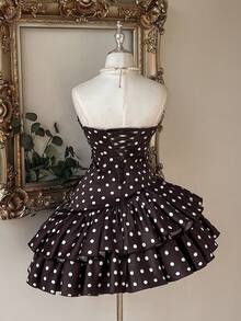 Lovelzi Elegante vestido mini sin tirantes de moda romántica vintage color café con lunares, estilo corto de satén con volantes en capas esponjosas y corte A, adecuado para regreso a la escuela, baile de graduación, boda y vestido de noche formal para mujeres - Café integral - Ver 3