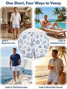 Manfinity Swimmode Men's Shell Print Drawstring Waist Casual Vacation Beach Shorts,White And Blue Summer Holiday 5 Inch Inseam Swim Trunks,Pool Party Slant Pocket - Blue and White - View 6