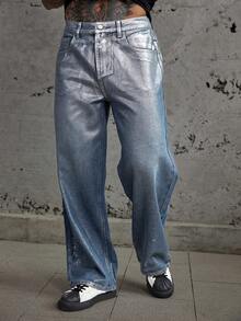 DAZY Long Flared Distressed Design Straight Leg Jeans For Men, Streetwear Style - Blue - View 8