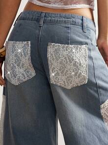 Bohemela Women's Casual Boho Solid Color Denim Contrast Lace Wide Leg Pants Vacation White And Blue Autumn - Blue - View 2