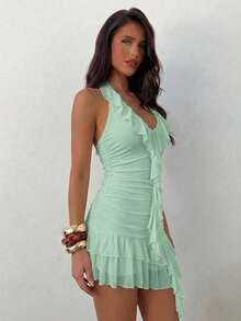 Aloruh Women's Solid Color Patchwork Ruffle Sexy Halter Neck Mini Dress - Green - View 5