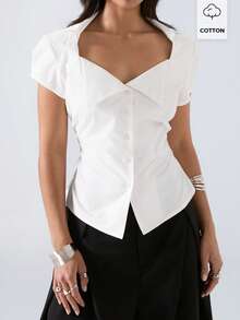LYSMO 2026 New Arrive Minimalism Casual French Elegant Spring/Summer Women's Solid Color Waist-Defining Shirt Office Brunch White Teachers' Day - White - View 1