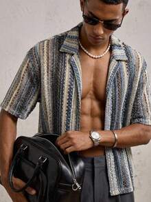 AKNOTIC Business Casual 男士派對針織寬鬆落肩翻領短袖休閒度假襯衫，適合夏季日常、海灘穿著，情侶穿搭，送男友禮物 - 彩色 - 查看 3