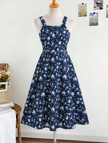 SHEIN 2piezas/Set Top de cárdigan de punto acanalado con decoración de lazo casual para primavera/otoño y vestido elegante simple de tirantes finos con estampado tejido para adolescentes - azul real - Ver 6