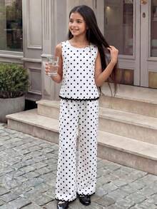 SHEIN 2Pcs Older Girls Charming Girls Black And White Polka Dot Print 2Pcs Co Ord Set Classic Retro - Black and White - View 8