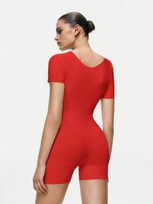 SHAPORA Women's Solid Color Versatile Short Sleeve Jumpsuit, Minimalist - Red - View 2