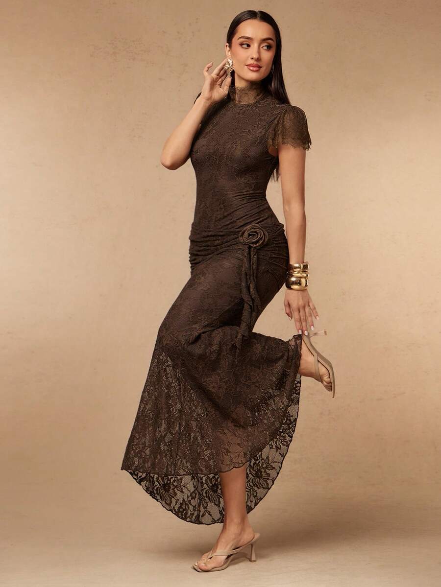 Silquee Women's Summer Autumn Lace Patchwork Ruffle 3D Floral Decor Fitted Elegant Spaghetti Strap Lace-Up New Sexy Sweet Long Dress, Suitable For Home, Daily Outings, Sports, Shopping, Beach Vacation, Music Festival, French Elegant Style, Wedding Season, Dinner Party - Dark Brown - View 1