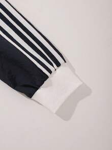 SHEIN Girls' New Autumn/Winter Fashion Striped Long Sleeve Zip-Up Jacket With Camisole And Shorts Set, Casual 3-Piece Outfit, Children's Casual Sports Style 3-Piece Set, Navy Blue With White Trim 4-Stripe Jacket + White Camisole + Matching Shorts Summer Set - Navy Blue - View 8