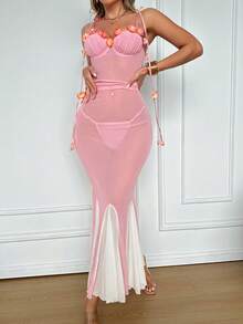 SHEIN 2pcs/Set Women's Sexy Mesh Nightgown With Underwire And Thong - Pink - View 5